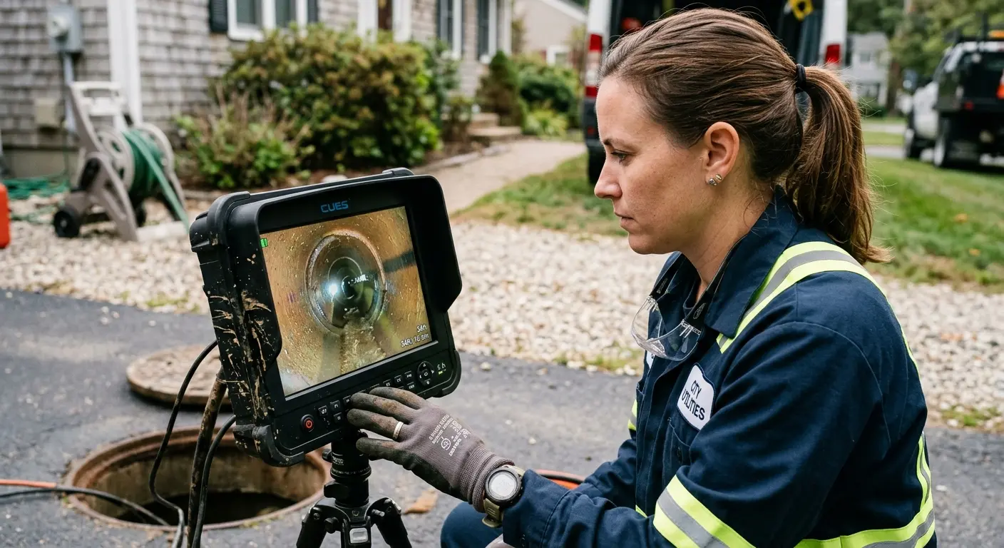 Technician reviewing sewer camera inspection footage in Andover